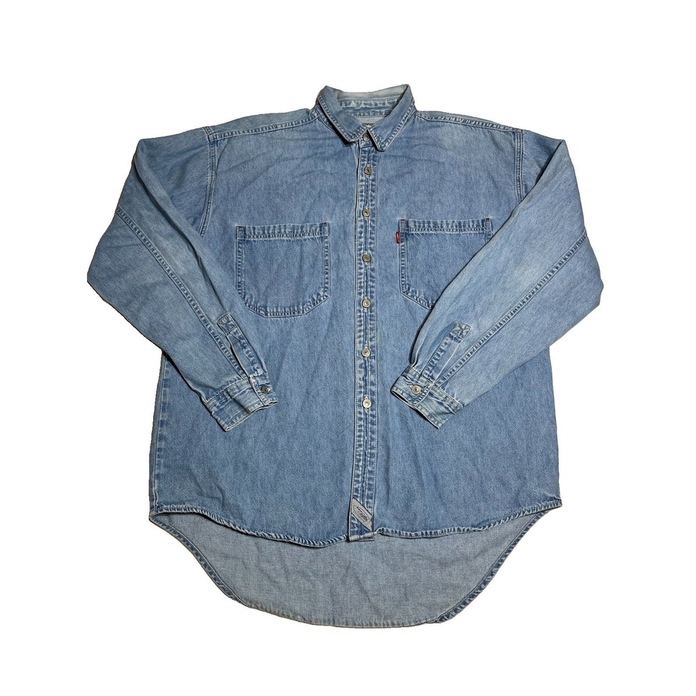 Vtg 90s Levis Denim Shirt Men‎ Large Blue Metal Button Up Indigo Faded Heritage